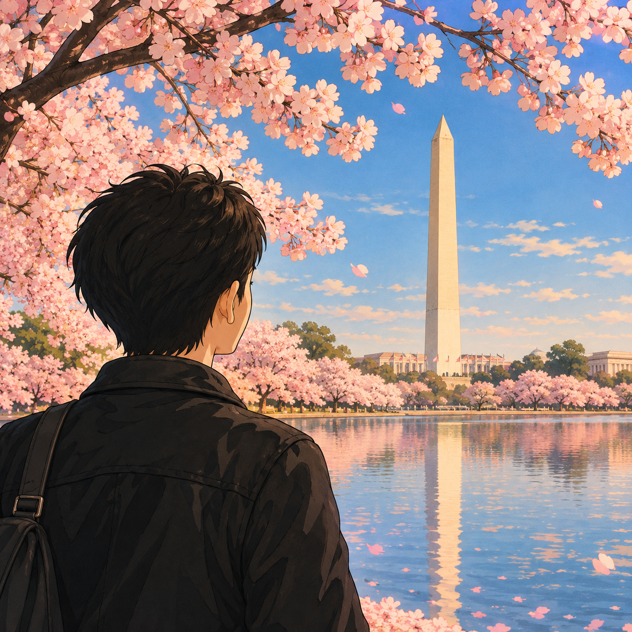 Illustration of a person overlooking the Washington Monument, framed by cherry blossoms.